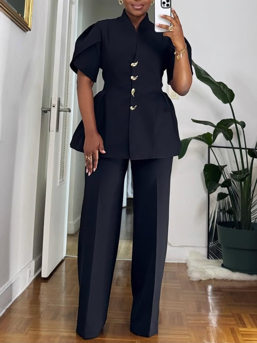 Elegant Black Two-Piece Pantsuit – Short-Sleeve Blazer & Wide-Leg Trousers