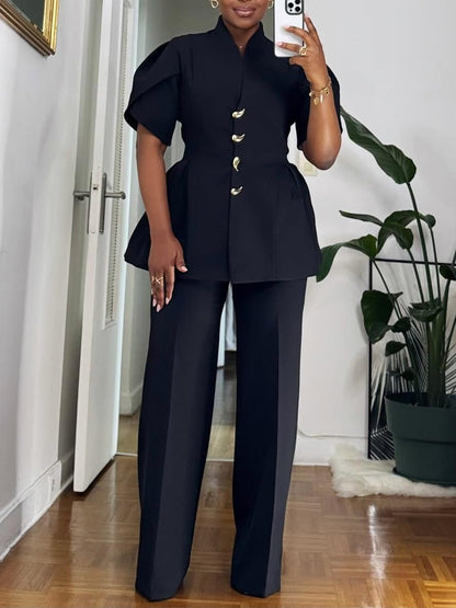 Elegant Black Two-Piece Pantsuit – Short-Sleeve Blazer & Wide-Leg Trousers