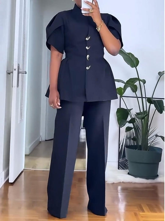 Elegant Black Two-Piece Pantsuit – Short-Sleeve Blazer & Wide-Leg Trousers