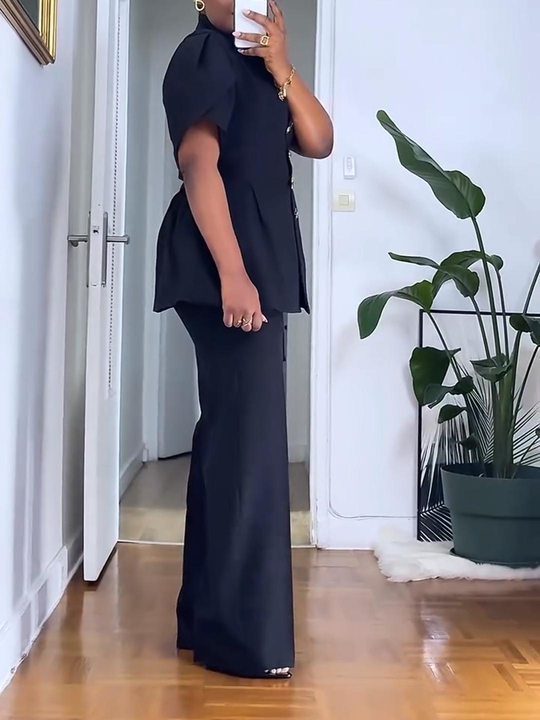 Elegant Black Two-Piece Pantsuit – Short-Sleeve Blazer & Wide-Leg Trousers