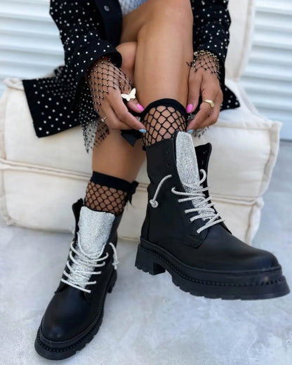 Silver Duck Tongue Diamond Black Boots