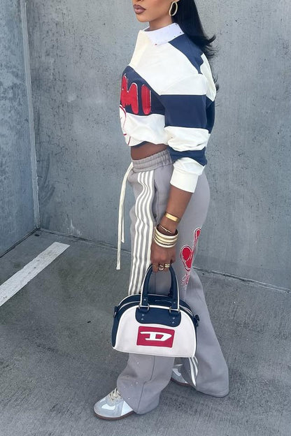 Casual Graphic Patchwork Pullover – Cropped Sports Sweatshirt