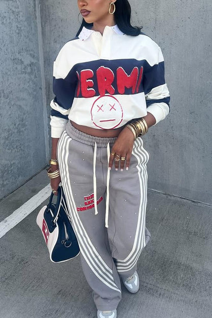 Casual Graphic Patchwork Pullover – Cropped Sports Sweatshirt