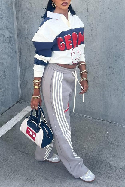 Casual Graphic Patchwork Pullover – Cropped Sports Sweatshirt