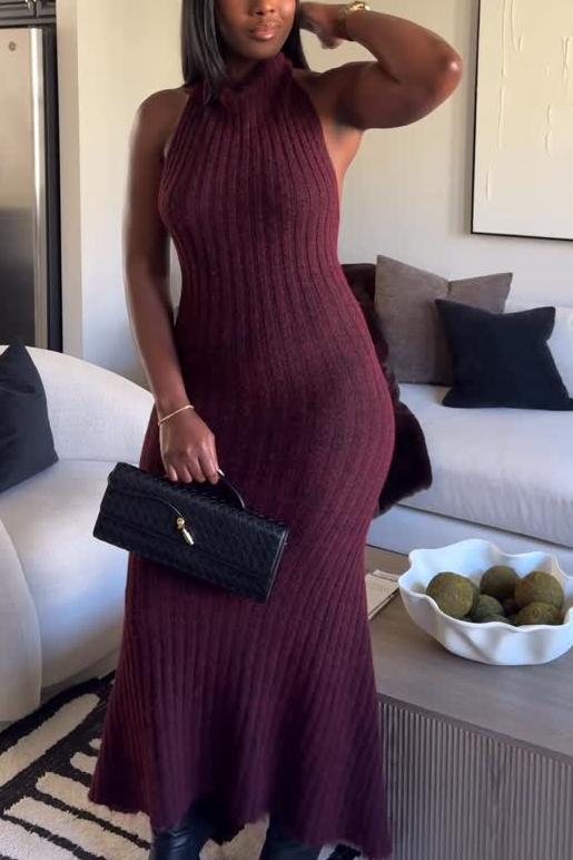 Knit Backless Halter Neck Dress