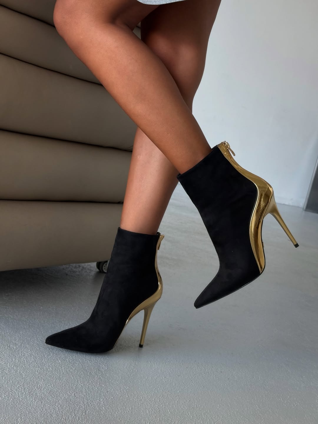 Black Suede Ankle Boots with Gold Heel Detail