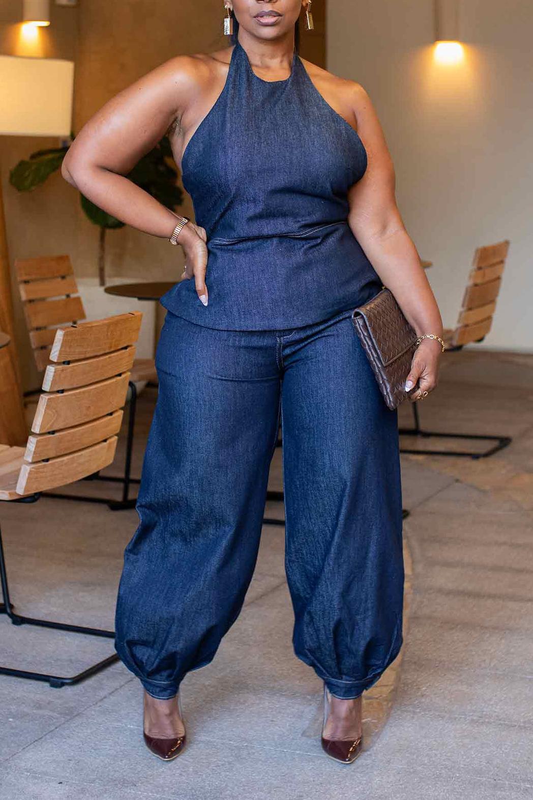 Denim Halter Pant Set