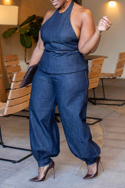 Denim Halter Pant Set