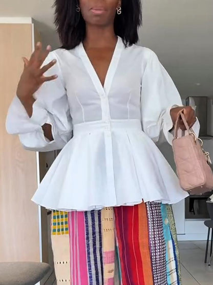 White Cotton V-neck Balloon Sleeve Peplum Dress Shirt