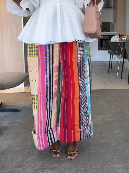Colorful Wax Print Patchwork Wide-Leg Pants