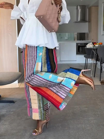 Colorful Wax Print Patchwork Wide-Leg Pants