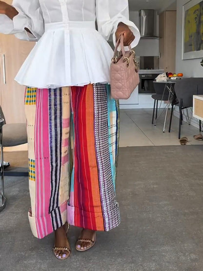 Colorful Wax Print Patchwork Wide-Leg Pants