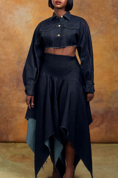 Cropped Denim Jacket & Asymmetrical Skirt Set
