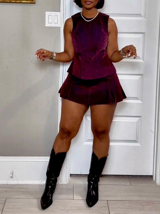 Women's Denim Flare Mini Skirt & Open Back Tank Top Set