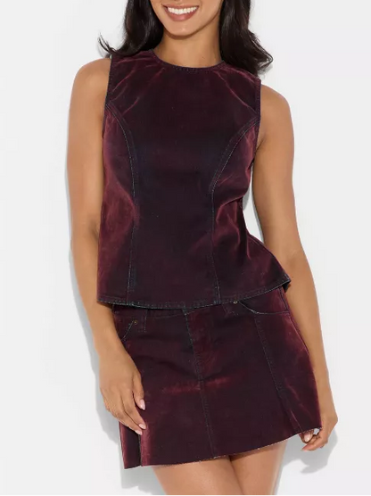 Women's Denim Flare Mini Skirt & Open Back Tank Top Set