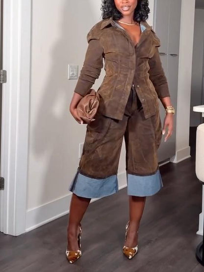 Fall Vibes Velvet Denim Button Down & Denim Bermuda Short Set