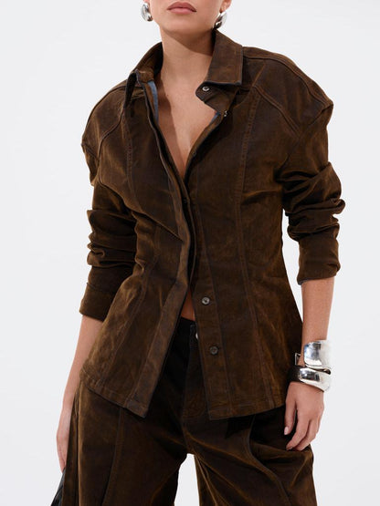 Fall Vibes Velvet Denim Button Down & Denim Bermuda Short Set