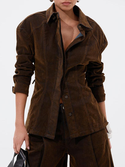 Fall Vibes Velvet Denim Button Down & Denim Bermuda Short Set