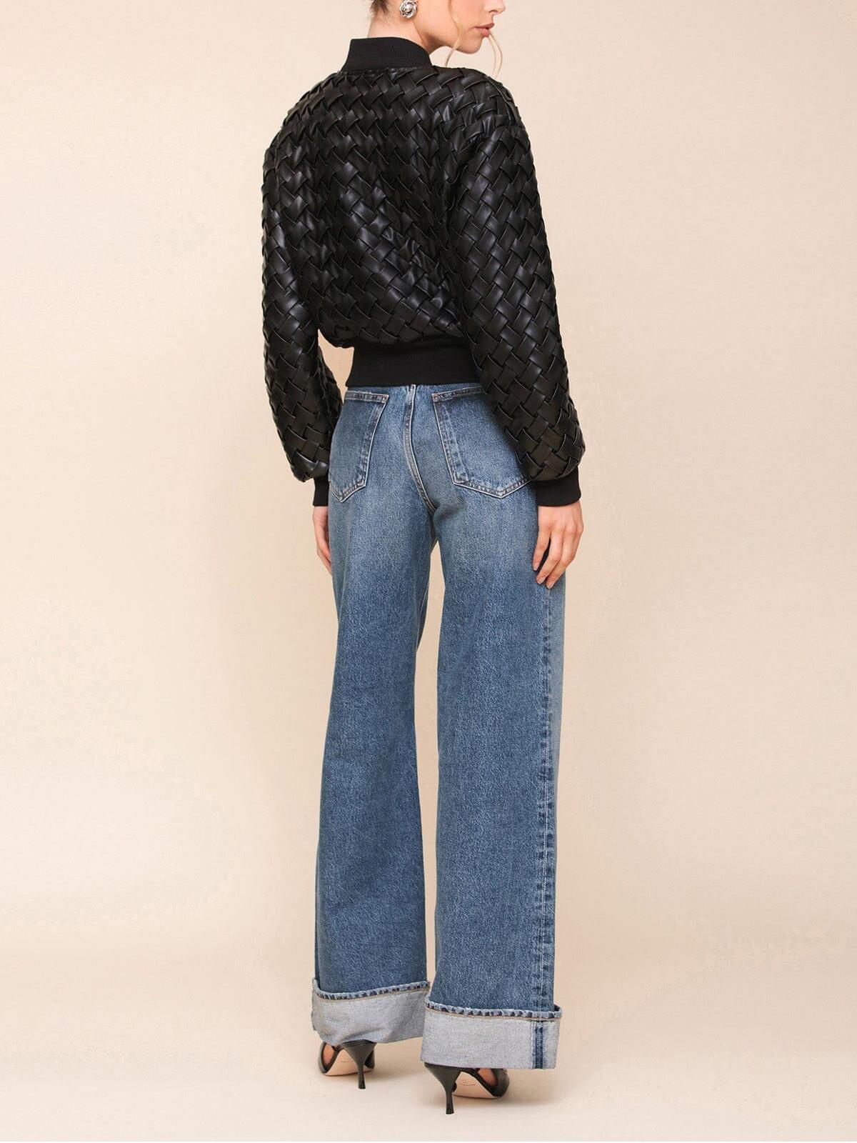 Woven Faux-Ever Leather Bomber Jacket