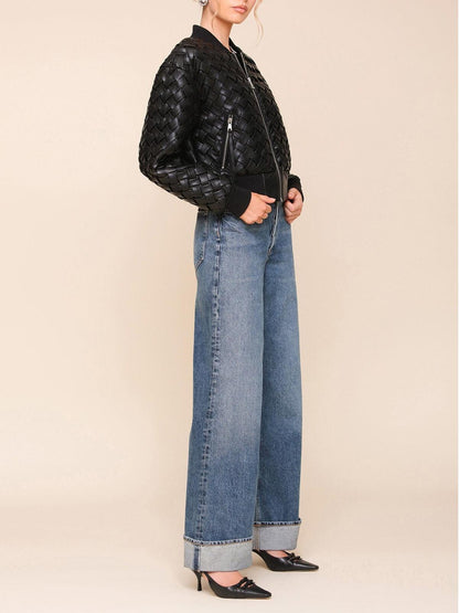 Woven Faux-Ever Leather Bomber Jacket