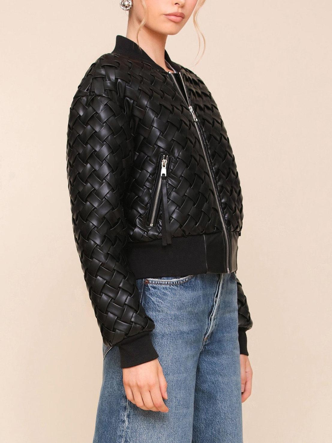 Woven Faux-Ever Leather Bomber Jacket