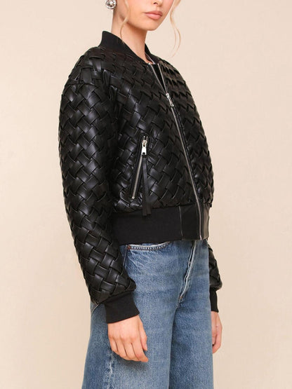 Woven Faux-Ever Leather Bomber Jacket