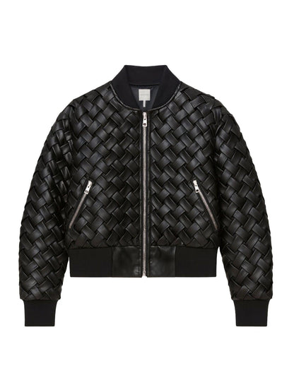 Woven Faux-Ever Leather Bomber Jacket