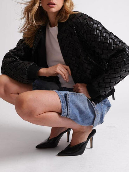 Woven Faux-Ever Leather Bomber Jacket