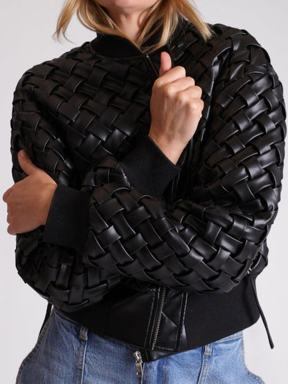 Woven Faux-Ever Leather Bomber Jacket