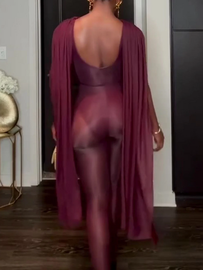 Cowl Neck Cape Sleeve Semi-Sheer Bodycon Jumpsuit