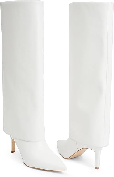 Knee High Boots Women Fold Over Pointed Toe Stiletto Boots