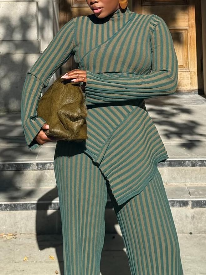 Striped Asymmetrical Peplum Two-Piece Set
