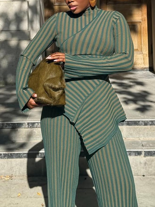 Striped Asymmetrical Peplum Two-Piece Set