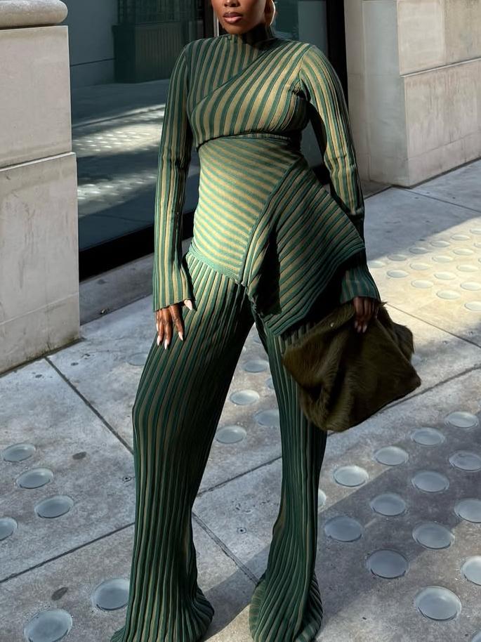 Striped Asymmetrical Peplum Two-Piece Set