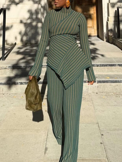 Striped Asymmetrical Peplum Two-Piece Set