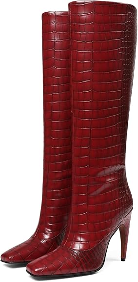 Knee High Boots for Women Wide Calf Suede Square Toe Pull On Long Boots