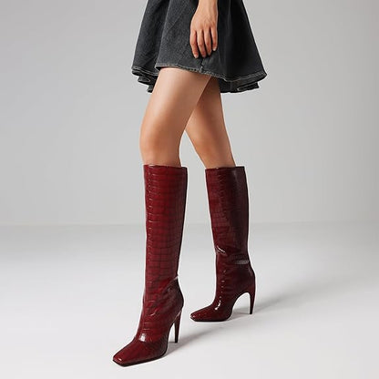 Knee High Boots for Women Wide Calf Suede Square Toe Pull On Long Boots