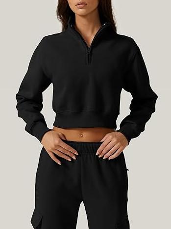 Half Zip Crop Sweatshirt High Neck Long Sleeve Pullover