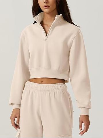 Half Zip Crop Sweatshirt High Neck Long Sleeve Pullover