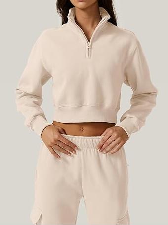 Half Zip Crop Sweatshirt High Neck Long Sleeve Pullover