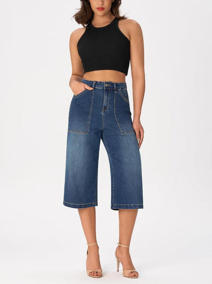 Wide Leg Capri Pants Stretchy High Waisted Loose Denim Jeans