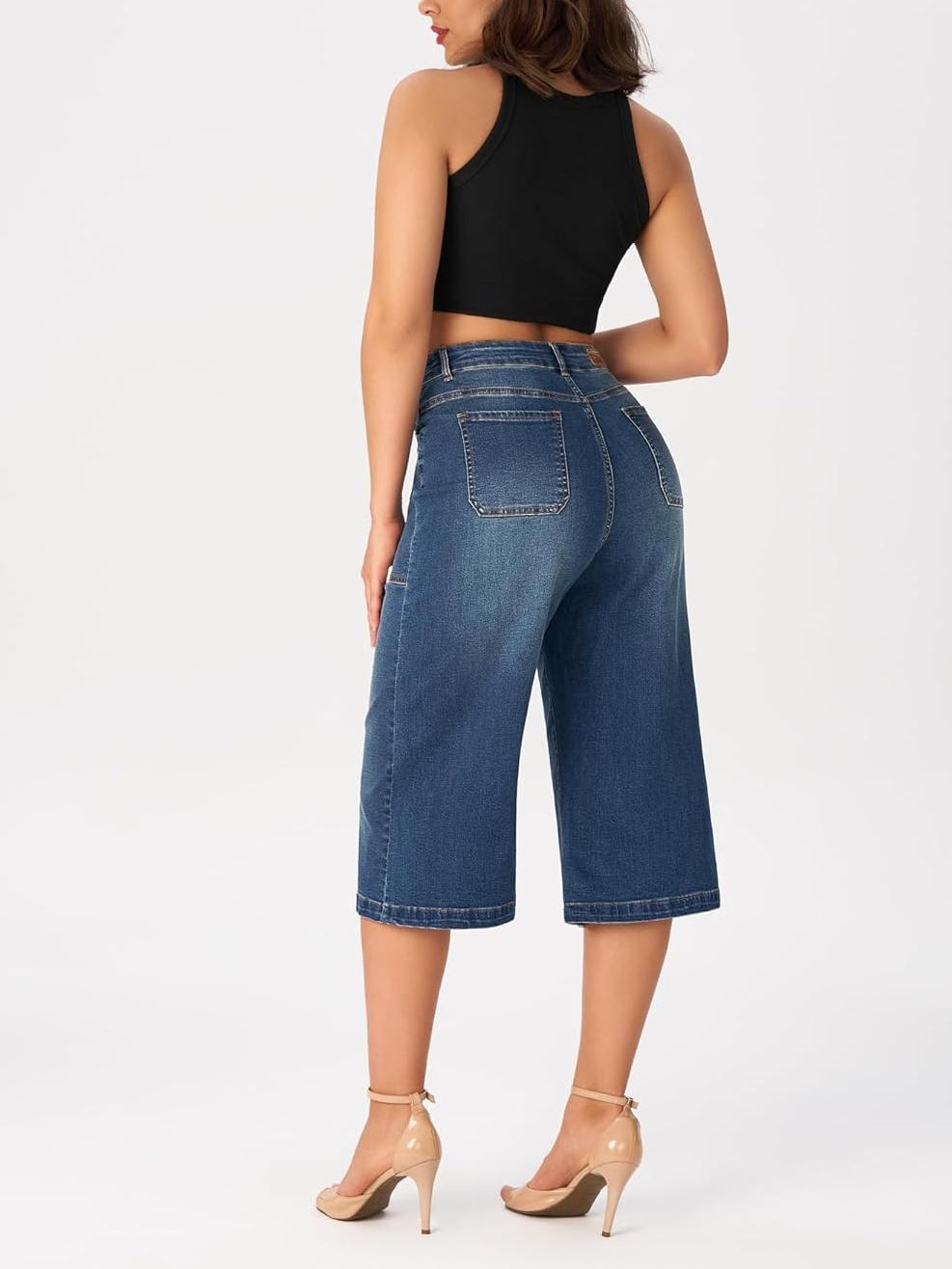 Wide Leg Capri Pants Stretchy High Waisted Loose Denim Jeans