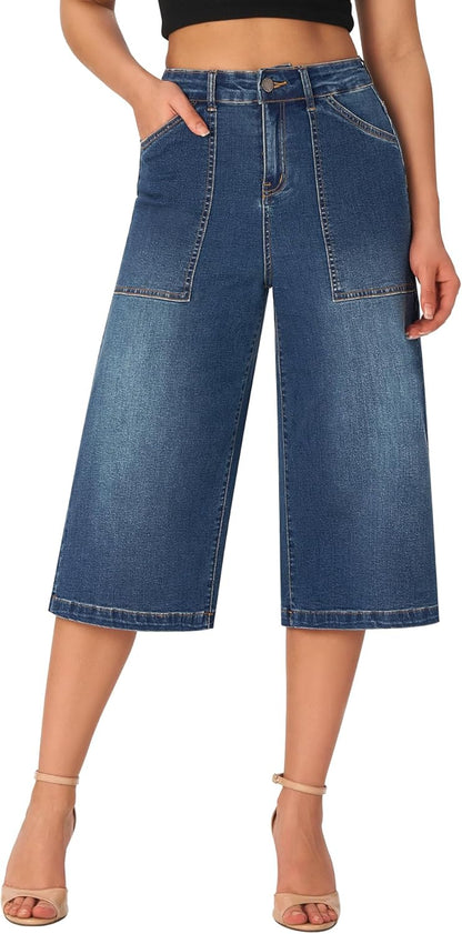 Wide Leg Capri Pants Stretchy High Waisted Loose Denim Jeans
