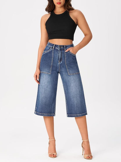 Wide Leg Capri Pants Stretchy High Waisted Loose Denim Jeans
