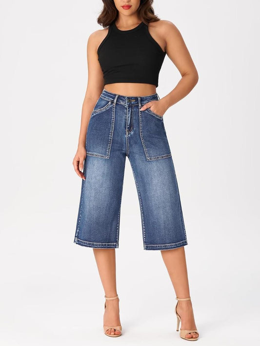 Wide Leg Capri Pants Stretchy High Waisted Loose Denim Jeans