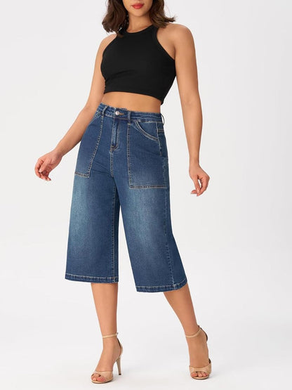 Wide Leg Capri Pants Stretchy High Waisted Loose Denim Jeans