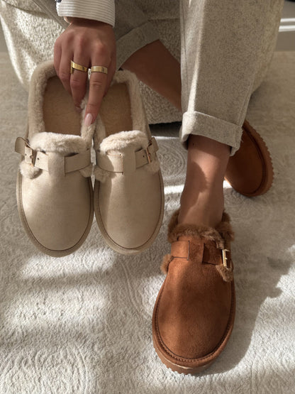 Faux Fur Lined Suede Clogs with Back Heel and Buckle Detail