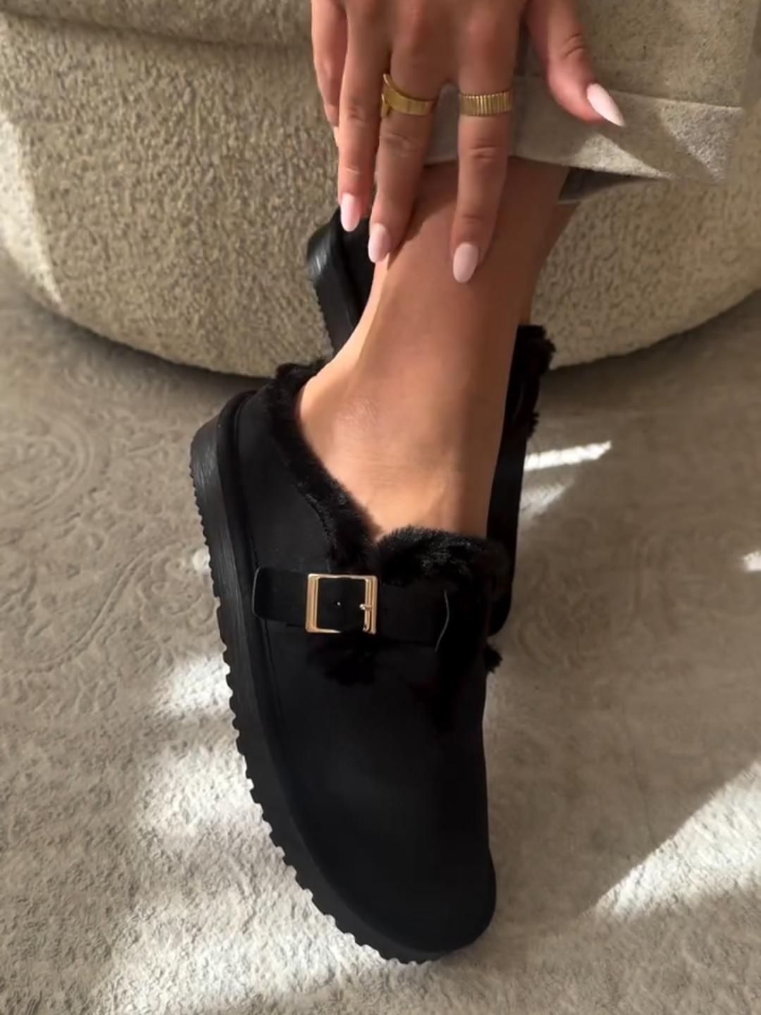 Faux Fur Lined Suede Clogs with Back Heel and Buckle Detail