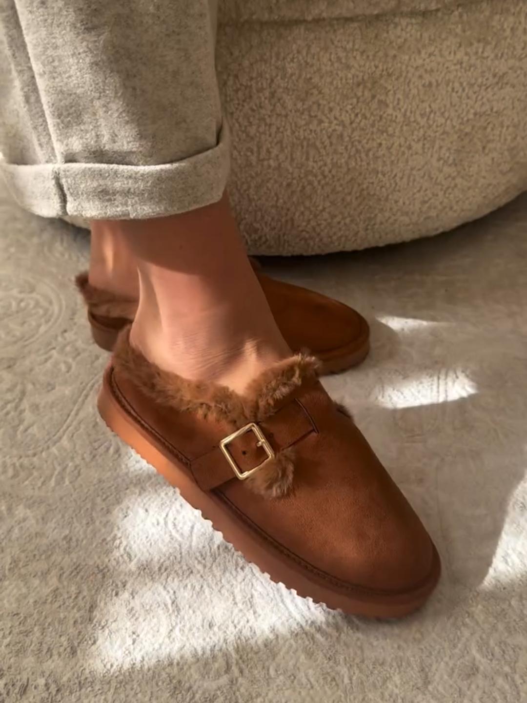 Faux Fur Lined Suede Clogs with Back Heel and Buckle Detail