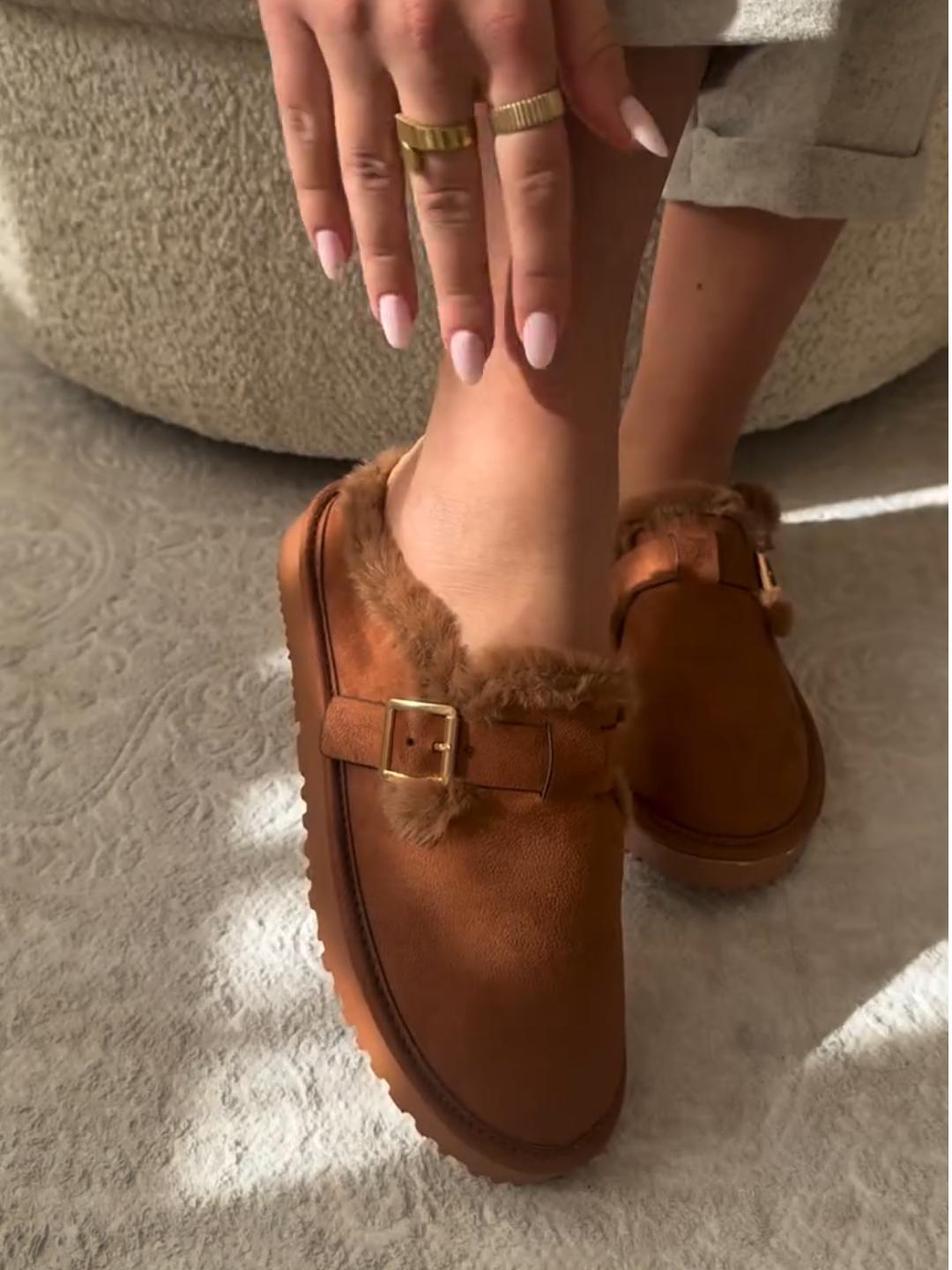 Faux Fur Lined Suede Clogs with Back Heel and Buckle Detail